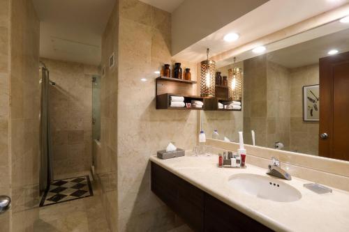 比亚埃尔莫萨比亚埃尔莫萨万豪酒店 的一间带水槽、淋浴和镜子的浴室