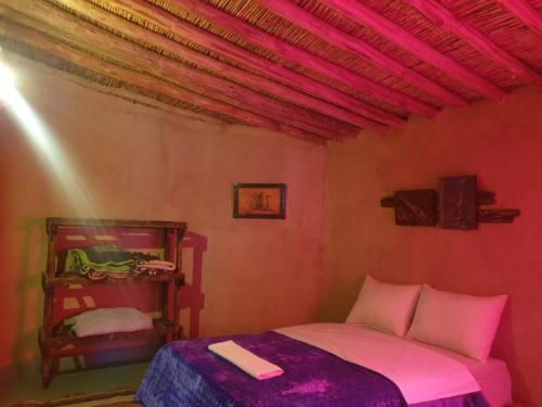 瓦尔扎扎特ecolodge bivouac des aigles的一间小卧室,配有一张带粉红色床单的床
