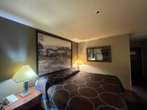 马丁斯维尔Raceway inn的酒店客房设有一张床,墙上挂着一张照片