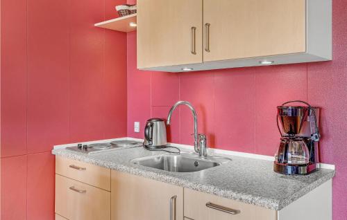 阿灵厄Stunning Apartment In Allinge With Wifi的厨房设有水槽和粉红色的墙壁