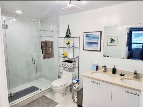 迈阿密Platinum 2BD 2BTH at Midblock的带淋浴、卫生间和盥洗盆的浴室