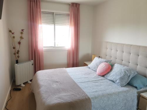 莫阿尼亚Apartamento Gran Terraza的一间卧室配有一张带粉红色枕头的床