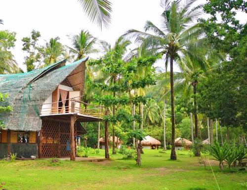 BacunganPlaya Paraiso Nagtabon Beach的拥有茅草屋顶和棕榈树的度假酒店