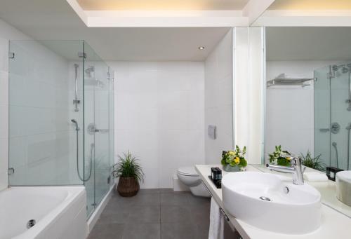 埃拉特Neptune Eilat By Dan Hotels的一间带水槽、淋浴和卫生间的浴室