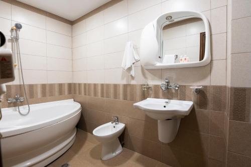 季米特洛夫格勒Hotel Slaviani的一间带水槽、卫生间和镜子的浴室