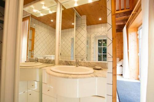 勒米尔蒙Gîte et Roulotte dans les Vosges的一间带两个盥洗盆和大镜子的浴室