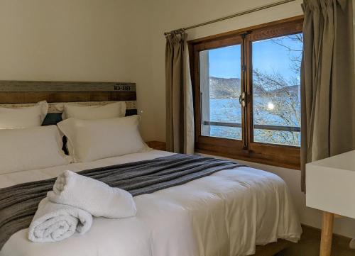 杜萨尔Reflet Bleu du Lac d'Annecy 3 étoiles - Face au lac, Parking gratuit, Paddle board的一间卧室设有两张床和大窗户