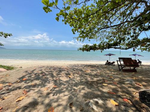峇都丁宜Batuferringhi children waterslid paradise 3mins to the beach的海滩上的长凳和遮阳伞