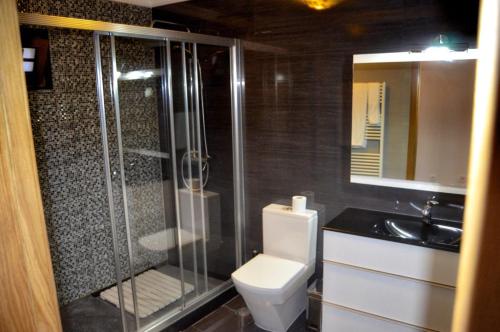 Casa da Laranjeira的带淋浴、卫生间和盥洗盆的浴室