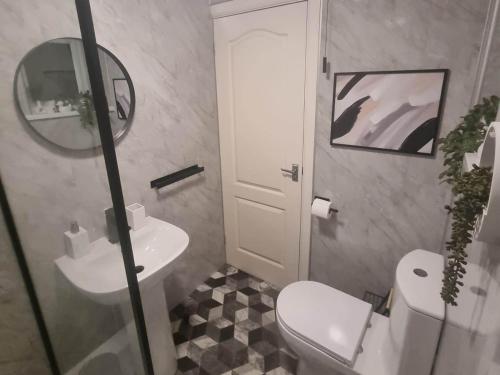 彭布罗克Cosy Moat House Cottage #3的一间带水槽、卫生间和镜子的浴室