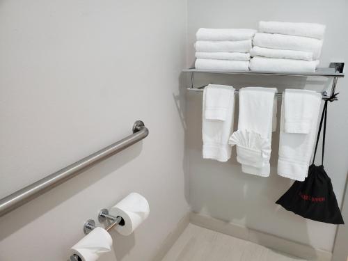 弗里蒙特弗里蒙特米尔皮塔斯中心快捷假日酒店的浴室提供毛巾架上的白色毛巾