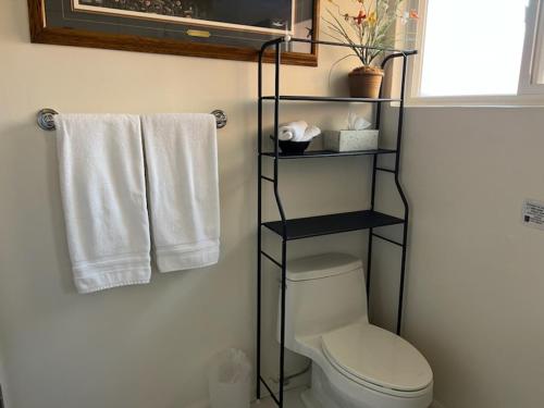 棕榈荒漠卡萨德拉雷亚酒店的一间带卫生间的浴室和墙上的毛巾