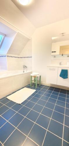 Chambre à la Campagne 1o minutes gare TGV的浴室铺有蓝色瓷砖地板,配有水槽。