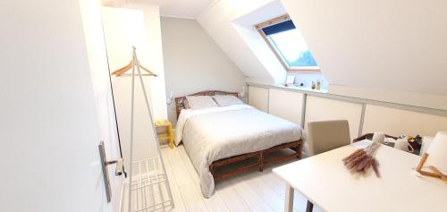 Chambre à la Campagne 1o minutes gare TGV的小型阁楼卧室设有1张床和1扇窗户。