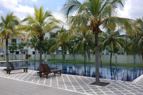 实兆远Setia Residen Semi-D 2.5 storey, unlimited wifi的游泳池旁的两把长椅和棕榈树