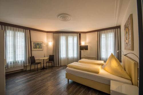 康斯坦茨施菲尔霍夫公寓式酒店的配有一张床和一张书桌的酒店客房