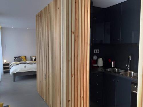 雅典Designer loft in heart of Athens nightlife的客房设有带一张床的卧室和木制衣柜。