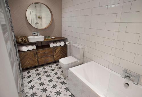 卡桑德Rame Barton Guest House and Pottery的一间带卫生间、水槽和镜子的浴室
