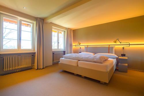 巴登林德费四利斯巴赫兰德酒店的一间卧室设有一张床和两个窗户。