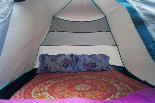 大吉岭Yumasham Camping的帐篷内的一张床位,配有枕头
