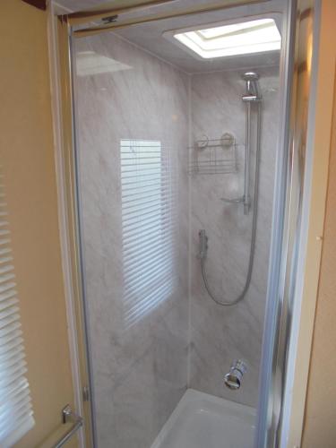 英戈尔德梅尔斯5 Berth on Coral Beach (Granada)的带淋浴的浴室和玻璃门