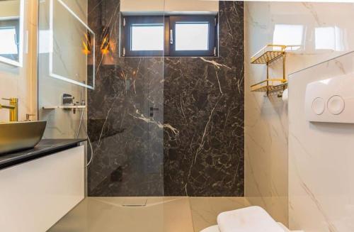 图彻皮ŽIŽI exclusive apartments的一间带玻璃淋浴间和水槽的浴室
