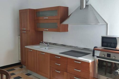 维罗纳A 100 passi da Piazza Bra的厨房配有木制橱柜、水槽和微波炉