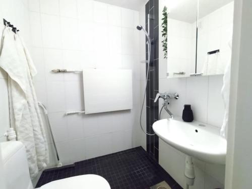 波里Galle BnB boheemi kaksio的白色的浴室设有水槽和卫生间。