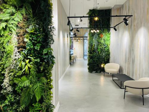 布达佩斯贝斯里卡中心酒店的走廊上设有绿色的墙壁,有椅子和植物