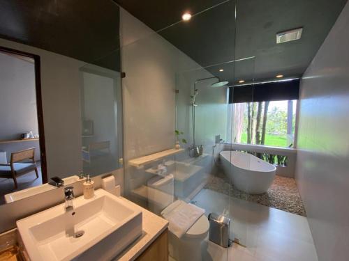 外南梦Teras Hotel Ijen Banyuwangi的一间带水槽、浴缸和卫生间的浴室