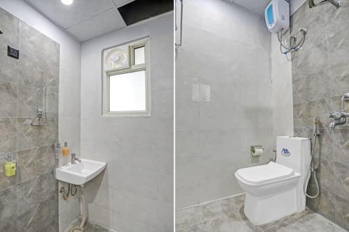 加济阿巴德Hotel The RASA at Vasundhara的浴室的两张照片,配有卫生间和水槽