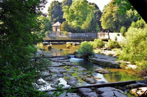 尚帕尼奥勒Au Coeur du Jura, Logement au calme的一条有岩石和树木的河流,一座桥梁