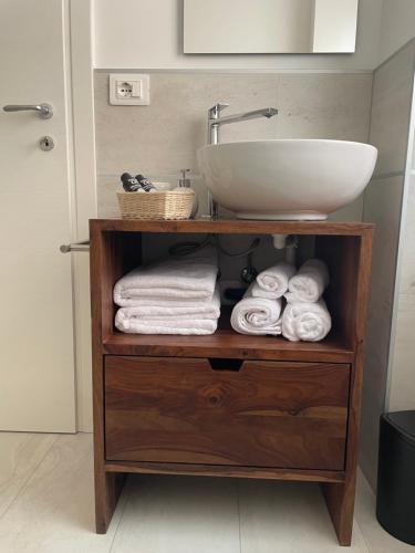 特伦托Ai Tre Garofani B&B的浴室设有水槽和带毛巾的架子。