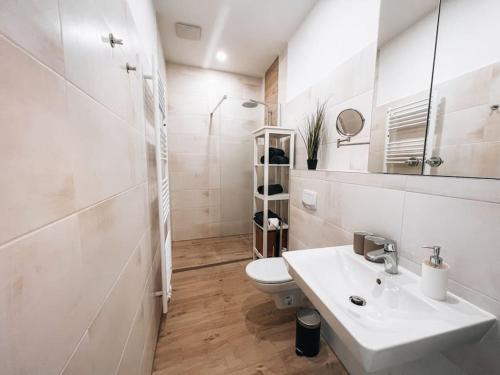 罗斯托克Lieblingsapartment No.10 mit 2 Schlafzimmern und eigener Terrasse的白色的浴室设有水槽和卫生间。