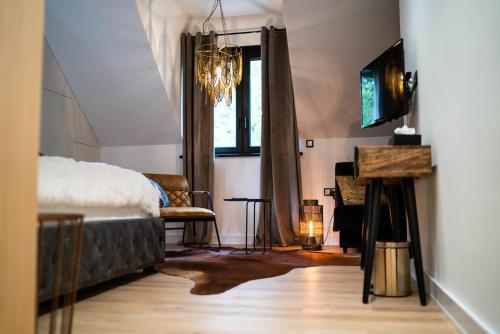LgińMały Bór的一间卧室配有一张床和一个吊灯
