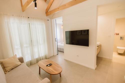 巴什卡沃达Family Resort Urania的客厅配有沙发和墙上的电视