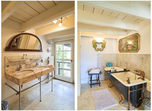 迪伦雷乌文库本之家旅馆的两幅带水槽和镜子的浴室的图片
