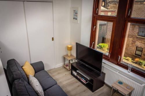 格拉斯哥Modern bright studio apartment in south Glasgow的带沙发和平面电视的客厅
