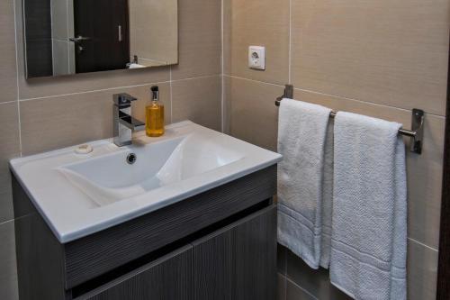 卡佩拉什Capelas Garden的浴室配有盥洗盆、镜子和毛巾