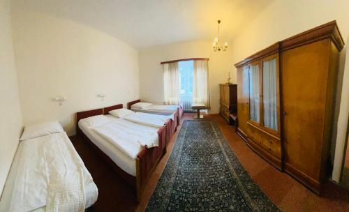 赫鲁巴斯卡拉EA Hotel Hrubá Skála的一间卧室设有三张床和窗户。
