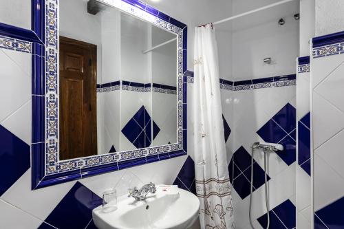 AlozainaCasa Rural Del Rio的蓝色和白色的浴室设有水槽和镜子
