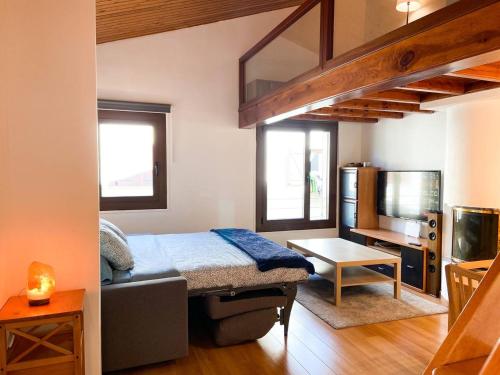 恩坎普Elegante Ático Encamp - FREE Parking Wifi SmartTv - Con altillo y 2 baños completos!的一间卧室配有一张床和一个沙发