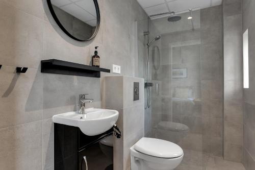 雷克雅未克NN Urban Guesthouse的一间带水槽、卫生间和镜子的浴室