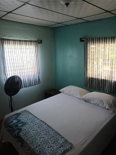 AlmiranteGia's Garage & Home for Bocas travelers的一间卧室设有两张床和两个窗户。