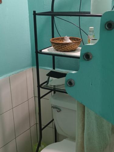 AlmiranteGia's Garage & Home for Bocas travelers的一间带卫生间的浴室和架子上的篮子