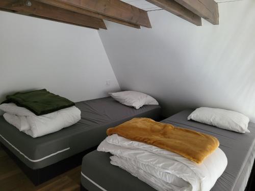 Clairvaux-dʼAveyronLe moulin des vignes的带窗户的客房内设有两张单人床。