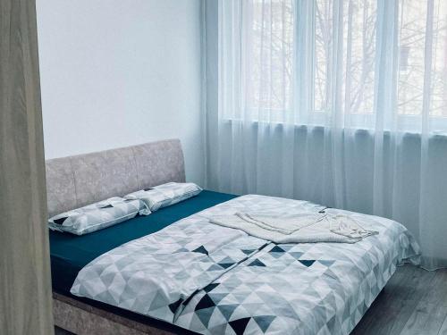 瓦列沃Buba Apartman的卧室内的一张床铺,带窗户