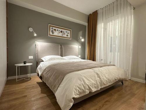 地拉那Apartment in Tirana的一间卧室设有一张大床和一个窗户。