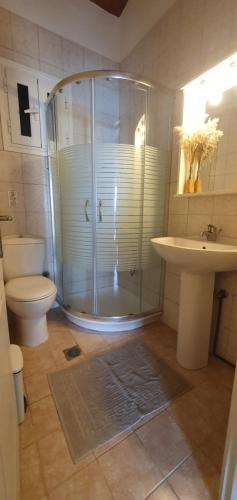 格利法达Glyfada Seaview 126的带淋浴、卫生间和盥洗盆的浴室