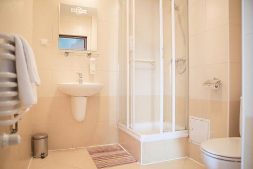 卢布林Hotel Na Rogatce的带淋浴、盥洗盆和卫生间的浴室